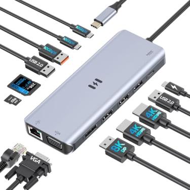 Imagem de Estação de ancoragem USB C, 4 monitores, estação de ancoragem para laptop 13 em 1, 3 monitores com HDMI duplo, 8K DP, VGA, transferência de dados USB A/C de 10 Gbps, carregamento PD, adaptador