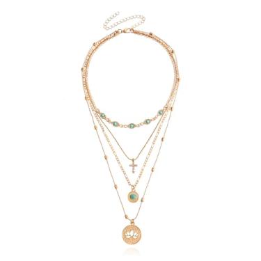 Imagem de MYANAIL Colar feminino em camadas de ouro, moderno, banhado a ouro, zircão, cruz, colar, joia vintage, boêmia, turquesa, colar delicado empilhável com pingente de lótus vazado, Medium, Metal metal