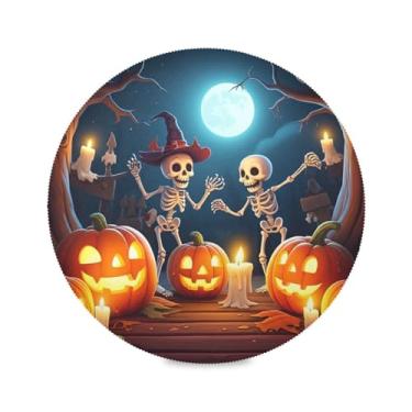 Imagem de Wassud Jogo americano Halloween Abóboras Sketelons tapetes de mesa redondos para cozinha e jantar tapetes laváveis resistentes ao calor decoração de mesa 39 cm