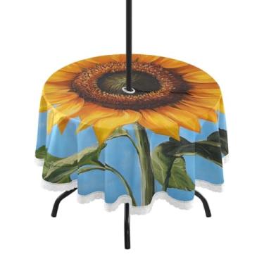 Imagem de CEBUGI Toalha de mesa redonda para uso ao ar livre, girassol, impermeável, com furo Umberlla, capa de mesa lavável para pátio, cozinha, sala de jantar, 152 cm