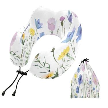 Imagem de CEBUGI Travesseiros de viagem portáteis em forma de U, travesseiro de pescoço de espuma viscoelástica com trava de corda ajustável para avião, viagem, trem, negócios, escritório, soneca (flores