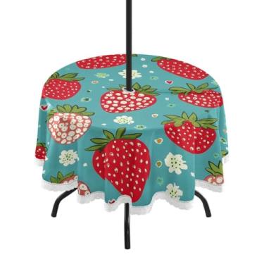 Imagem de CEBUGI Toalha de mesa redonda para uso externo, vermelho, morango, impermeável, com furo Umberlla, capa de mesa lavável para pátio, cozinha, sala de jantar, 152 cm