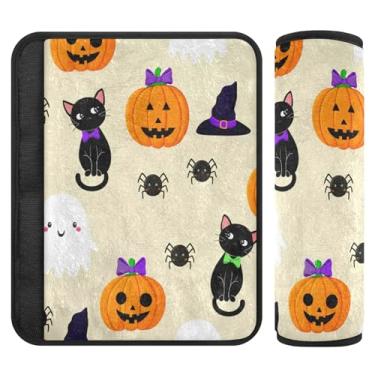 Imagem de Burbuja Capa para cinto de segurança de carro Cat Pumpkin Boo Protetor de cinto de segurança macio confortável para alça de ombro de assento, 1 par médio
