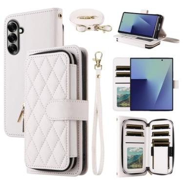 Imagem de Dswteny Argyle Capa carteira para Samsung Galaxy Z Fold 7 com alça de ombro de pulso, zíper couro PU flip acessórios suporte para cartão de crédito capa de celular para ZFold Z7 G Fold7 7Z mulheres