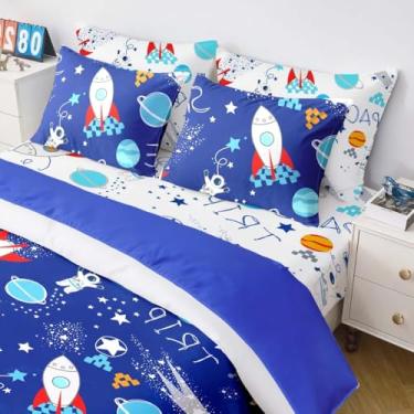 Imagem de Yasida Conjunto de edredom infantil Queen com desenho animado de foguete e astronauta para meninos, tamanho Queen, para decoração de quarto