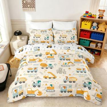 Imagem de MWMWMW Jogo de cama solteiro com 5 peças, veículo de construção, supermacio, para crianças, meninos e meninas, inclui 1 edredom, 1 lençol de cima, 1 lençol com elástico e 2 fronhas