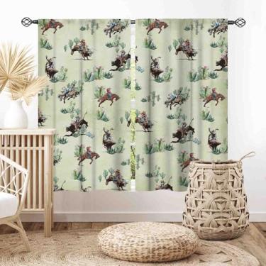 Imagem de Cortinas ocidentais rústicas, Wild West Farmhouse Cowboys montando cavalo deserto verde cacto campo casa de campo blackout cortinas de janela tratamentos para quarto, sala de estar, cozinha, banheiro