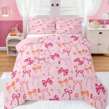 Imagem de Feelyou Conjunto de cama com laço, macio, para meninos e meninas, tamanho solteiro, com laço fofo, edredom kawaii, decoração de quarto, letra inicial personalizada, 2 peças com 1 fronha
