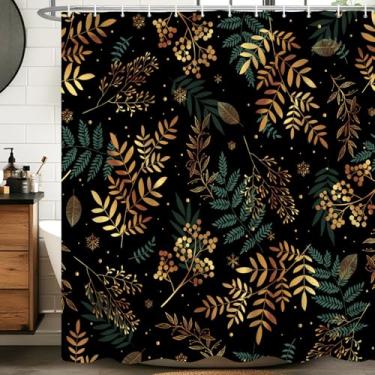 Imagem de Velaequezii Cortina de chuveiro com plantas naturais, preta, dourada, verde, ramos botânicos, folhas, estampadas, tecido lavável, impermeável, lavável, decoração de banheira, conjunto de cortina de