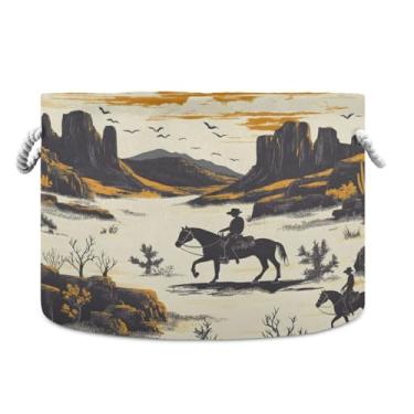 Imagem de JUZIHAI Cesta de armazenamento dobrável vintage caubói ocidental cesto de roupa suja para bebê, cobertor com alças de corda de algodão, caixa de brinquedos dobrável, organizador de armário para quarto