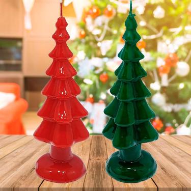Imagem de Velas Decoração Pinheiro Natal Vermelho Verde 20cm Kit 2pçs