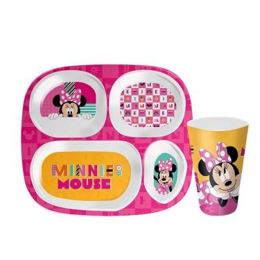 Imagem de Kit Prato Refeição Infantil 4 Divisórias E Copo Melamina Minnie Mouse Disney - Tuut