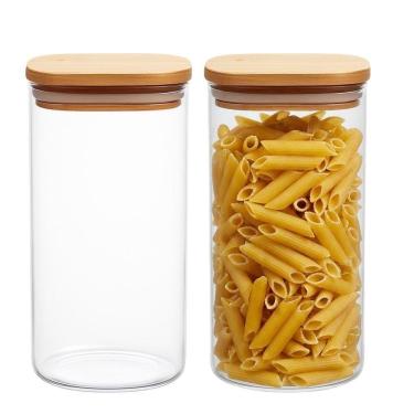 Imagem de Kit 2 Pote De Vidro Com Tampa De Bambu Hermético Porta Mantimentos Organizador 1,6l 21cm Quadrado Em Casa Tem