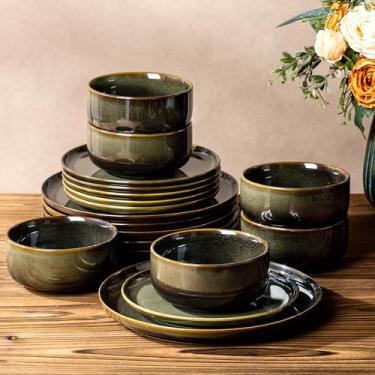 Imagem de TheTerra Conjunto de louça de cerâmica para 6, 18 peças, conjunto de pratos e tigelas de esmalte reativo feito à mão, resistente a arranhões, seguro para forno, micro-ondas e lava-louças, verde-oliva