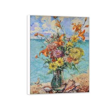 Imagem de David Burliuk Famosas impressões em tela de arte de parede prontas para pendurar Flores e conchas. Pintura com moldura branca para decoração de sala de estar 50 x 65 cm 20 x 26 pol