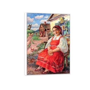 Imagem de David Burliuk Famosas impressões em tela de arte de parede prontas para pendurar. Mulher em vestido vermelho. Pintura com moldura branca para decoração de sala de estar 60 x 85 cm 24 x 33 polegadas