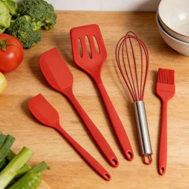 Imagem de Conjunto de 5 espátulas de silicone vermelho para cozinha, conjunto de ferramentas de cozimento de grau alimentício com raspador resistente ao calor, espátula, escova de batedor