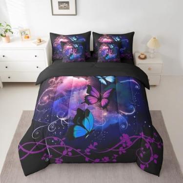 Imagem de jejeloiu Conjunto de edredom de borboleta com 7 peças, tamanho casal, com estampa de borboletas e borboletas em uma bolsa para meninas, conjunto de cama floral roxo