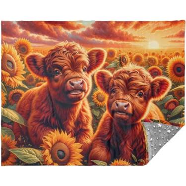 Imagem de Cobertor de Natal personalizado Highland Cow Girassóis Super Macio Presentes de Viagem Mulheres Adulto 178 cm x 139 cm Cobertor de Viagem Boho