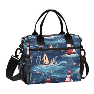 Imagem de GAIGEO Lancheira térmica Nautical with a Lighthouse and Sea Shells com alças, lancheiras isoladas, lancheira para escola, M