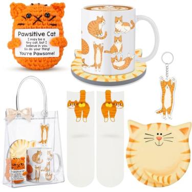 Imagem de Potchen Conjunto de 6 peças de presentes de Natal para amantes de gatos, caneca divertida de gatos laranja, café, gatinho, porta-copos de cerâmica, meias fofas de gato com bolas, chaveiro de boneca de