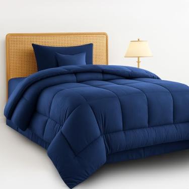 Imagem de Conjunto de edredom solteiro luxuoso de 4 peças, cama multifuncional em uma bolsa, inclui 1 edredom, 1 fronha, 1 travesseiro decorativo e 1 saia de cama (azul marinho, solteiro)