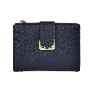 Imagem de Carteira feminina de couro genuíno com dobra dupla/tripla - Suporte minimalista para cartão de crédito com bloqueio de RFID e bolso para moedas, Preto, Casual