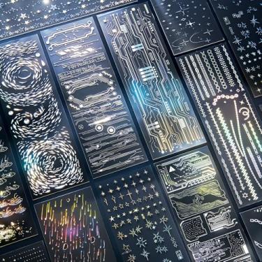 Imagem de 12 folhas holográficas a laser prata PET scrapbook adesivos a laser chuva paisagem estrela corrente punk chip circuito adesivo coreano glitter photocard deco adesivos para planejador lixo diário