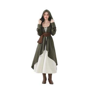 Imagem de Nuoqi Vestido Renascentista Feminino Longo Medieval Fantasia com Capuz com Cinto Espartilho, Verde, XXG