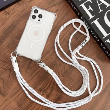 Imagem de Capa com alça magnética para iPhone 16, 15, 13, 12, 11, 14 Pro Max Plus, tira transversal, colar, capa traseira transparente, branca, para iPhone 16 Plus