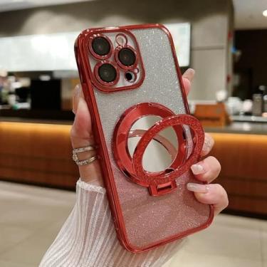Imagem de Capa com efeito degradê e espelho brilhante para iPhone 15 14 13 11 12 16 17 Pro Max Air Xr Xs 16 Plus com suporte e função de maquiagem (para iPhone 13 Pro/Vermelho)