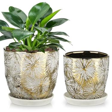 Imagem de Oairse Conjunto de 2 vasos de cerâmica pequenos com orifício de drenagem e bandeja de cerâmica para suculentas, cactos, ambientes internos e externos, jardim, casa, peitoril da janela