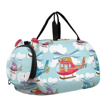 Imagem de Bolsa esportiva para meninos, bolsas de fim de semana, girassóis vibrantes, folhas verdes, bolsas de viagem, academia, bagagem infantil, Helicópteros coloridos nuvens céu azul, Clássico