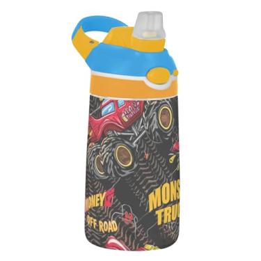 Imagem de Garrafa de água esportiva infantil de 473 ml com tampa de palha, garrafa de água à prova de vazamento para escola, copo infantil Tritan de 473 ml, alça de transporte, desenhos animados de pneus