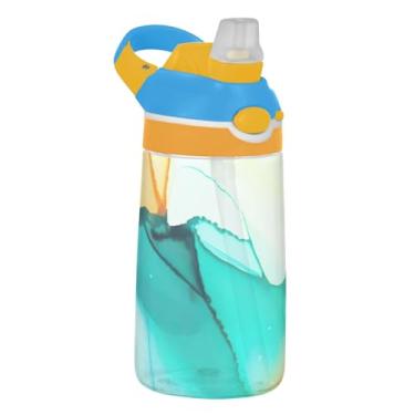Imagem de Garrafa de água infantil Tritan Sports de 473 ml com tampa de palha, garrafa de água à prova de vazamento de 473 ml, copo infantil reutilizável portátil, alça de transporte, elegante aquarela azul