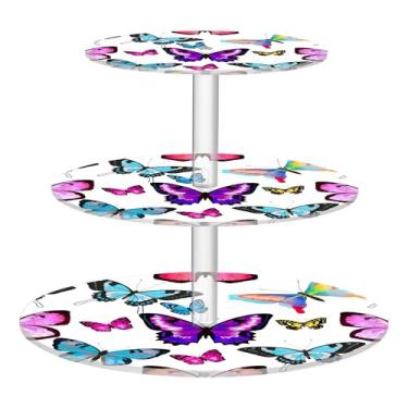 Imagem de Suporte de cupcake para festa de chá, 3 camadas, borboletas, coloridas, vibrantes, copo branco, torre de bolo, exibição de acrílico, bandejas de servir de aniversário e casamento para festa, sobremesa