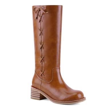 Imagem de UBWDU Botas femininas na altura do joelho, salto grosso, botas longas, bico quadrado, salto baixo, para mulheres, Selim de renda, 37