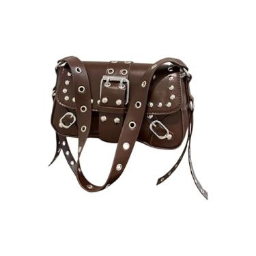 Imagem de SHENHE Bolsa de ombro feminina de couro PU punk rebite com abas cravejadas vintage bolsas axilas, Marrom, One Size, Macio