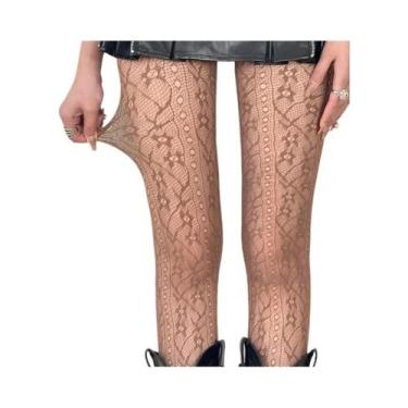 Imagem de Meia-calça Floral De Cintura Alta Em Rede Para Mulheres, Elástica, Est