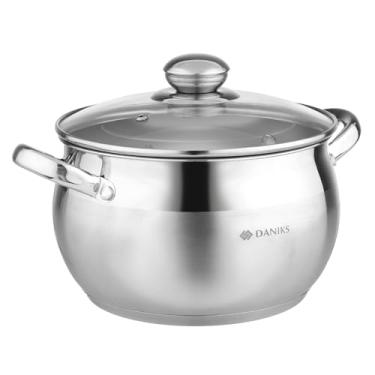Imagem de Daniks Panela clássica de aço inoxidável com tampa de vidro – indução de 4 litros, pode ser lavada na lava-louças, escala de medição, para sopa, macarrão, ensopado, prata