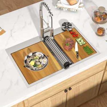 Imagem de Talllor Pia de estação de trabalho de 76 cm – Pia de cozinha de aço inoxidável de calibre 16 premium com tábua de corte e arruela de copos | Design moderno multifuncional | Níquel escovado #TLT-0060
