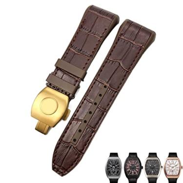 Imagem de EPANO Pulseira masculina para relógio Franck Muller de silicone de couro bovino de 28 mm com fivela dobrável de borracha de nylon (ouro marrom)