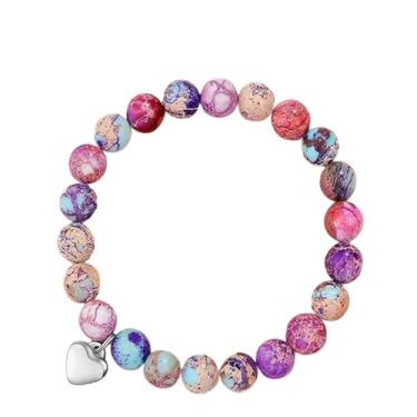 Imagem de GIGB PBDK Pulseira com pingente de coração com contas naturais, joias de aniversário para mãe, irmã, melhor amiga, pulseira elástica de declaração de amor para mulheres amadas, 7, Liga metálica, Pedra