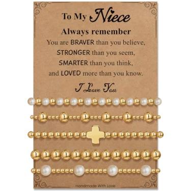 Imagem de Pulseira de contas de placa de ouro para mulheres: Pulseira de cruz de pérola delicada banhada a ouro 14K extensível para mulheres - Presentes de aniversário de Natal para filha, sobrinha, neta, 6.7