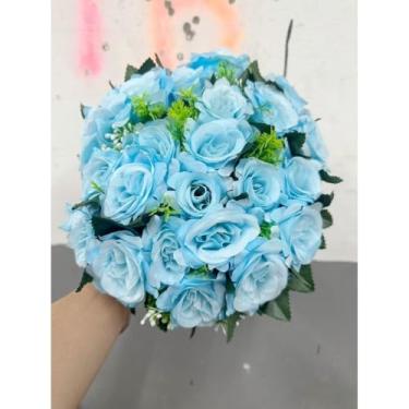 Imagem de Buquê de Rosas Artificiais Decorativas com Folhagem – 24 Flores Realistas para Arranjos, Decoração de Mesa, Casamento e Presentes – 36cm(Azul claro 4581/3916,2 Unidade)
