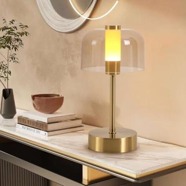 Imagem de CMHSYTKE Abajur de mesa sem fio dourado operado por bateria com abajur cinza claro transparente, 3 vias regulável LED touch lâmpada externa para restaurante quarto ao lado