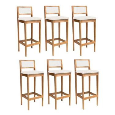 Imagem de Kit 6 Banquetas Estofada em Linho Encosto Palhinha Bruna - Ismalu, mel