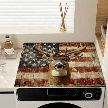 Imagem de Capas de lavadora e secadora tapete protetor de topo antiderrapante capa de máquina de lavar, bandeira vintage veado à prova de poeira almofada protetora de secagem rápida para lavadora e secadora