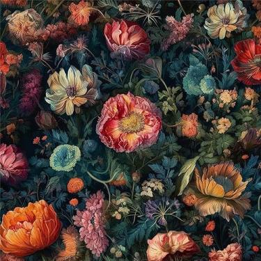 Imagem de MuralPeel Papel de parede vintage preto colorido flores jardim laranja/rosa/vermelho floral botânico descascar e colar papel de parede autoadesivo removível fácil de remover na parede para armário de