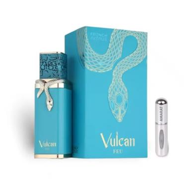 Imagem de Perfume Vulcan Feu Eau de Parfum 100 ml, perfume árabe unissexo de longa duração, inclui atomizador recarregável de 5 ml, fragrância tropical e especiada, com notas de manga, gengibre e âmbar (Vulcan